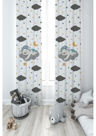 Resim Mekta Home Bebek Ve Çocuk Odası Sevimli Mavi Uyuyan Ayı Desenli 2 Kanat Fon Perde 