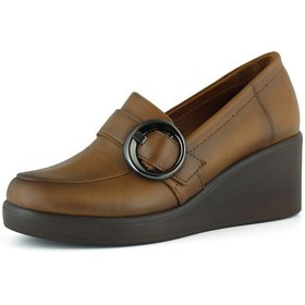 Resim Erkan Saçmacı Madeline Taba Hakiki Dana Derisi Tokalı Yuvarlak Burun Dolgu Topuklu Günlük Ayakkabı Taba 