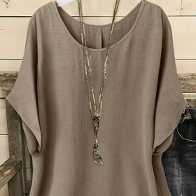 Resim Kadınlar için Günlük Batwing Kollu Bluz - Esnek Polyester-Spandex Karışımı, Büyük Beden Dostu, Rahat Kesim ve Büzgülü Detaylı & Yuvarlak Yaka, Tüm Sezonlara Uygun Düz Renk, Makinede Yıkanabilir 