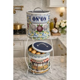 Resim Feyza Design Şık 2 Katlı Metal Patates ve Soğan Saklama Kovası, Mimoza Desenli 