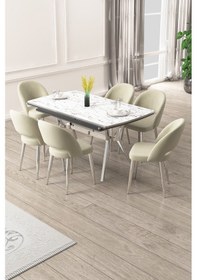 Resim Canisa Weps Serisi 89x150 Açılabilir Lak Panel Beyaz Mermer Krom Ayak Masa Takımı Ve 6 Krem Sandalye Beyaz Mermer Desen Masa Krem Sandalye 