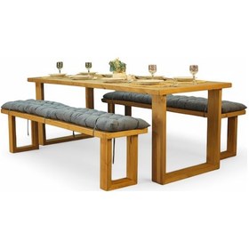 Resim Neiwel Doer Doğal Ahşap Banklı Yemek Masası Takımı-100-220 Takım Açık Ceviz 