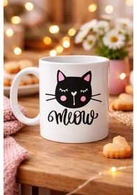 Resim Sevimli Kedi Desenli Porselen Kupa Model 63 Meow Yazılı Kahve &amp Çay Keyfi İçin Tatlı Tasarım Beyaz 