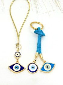 Resim Azrua Lacivert Göz Şekilli Araba Ayna Süsü, Araba Nazarlık ve Mavi İpli Göz Şekilli Metal Anahtarlık Seti 