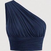 Resim Kadın Seksi Tek Omuzlu Halter Top, %94 Polyester %6 Elastan, Örme Kumaş, Düz Renk, Sırtı Açık Straplez Yazlık Üst 