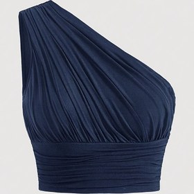 Resim Kadın Seksi Tek Omuzlu Halter Top, %94 Polyester %6 Elastan, Örme Kumaş, Düz Renk, Sırtı Açık Straplez Yazlık Üst 
