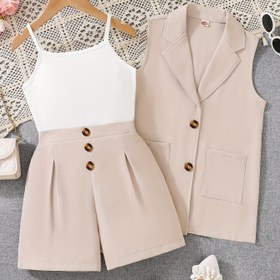 Resim Kızların Yaz 3 parçalı Set, Düz Renkli Kolsuz Düğmeli Ceket Yelek ve Şort Kombin, Polyester %95 Elastan %5, Dokuma, İnce Fit, İş Stili, Hafif Esnek, Cebi Detayı, Outdoor için 