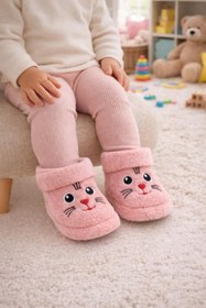 Resim Büşra Sultan Ayakkabı & Çanta Bebek Pembe Hayvan Kedi Figürlü Çocuk Panduf Kaydırmaz Taban Anaokulu Kreş Ev Ayakkabısı 