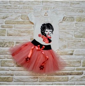 Resim 9-12-18 Ay Saçı Örgülü Kız Nakışlı Kurdelalı Kısa Kollu Tütü Etek 2li Kız Bebek Takımı Nar Çiçeği Nar Çiçeği 