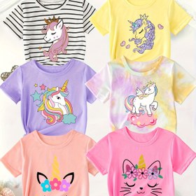 Resim Rastgele Gönderim 1 Adet Kızlar İçin Sevimli Unicorn Baskılı Çok Yönlü Yuvarlak Yaka Tişört 