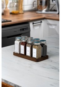 Resim 8'li Ahşap Standlı Cam Baharatlık Seti Gümüş Kapaklı Beyaz Etiketli Baharatlık Takımı Mh01slvr08 Beyaz - Şeffaf 