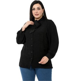 Resim Disentis Büyük Beden Yakası Bağlamalı Omzu Ve Kol Ağzı Büzgülü Siyah Gömlek-siyah Siyah 