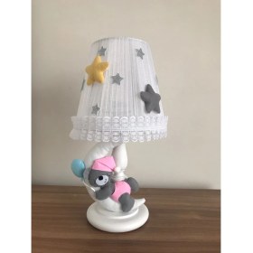 Resim Bebek Çocuk Odası Abajur Ay Ayıcık Pembe Sarı Gri Yıldızlı 