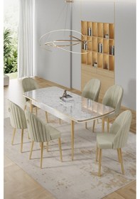 Resim Canisa Rada Serisi 80x132 Açılabilir Lak Panel Beyaz Mermer Desen Masa 6 Krem Sandalye Gold Detay Masa Beyaz Mermer Desen Sandalye Krem 