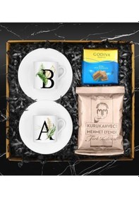 Resim Kişiye Özel İkili Porselen Türk Kahvesi Fincanı & Türk Kahvesi & Godiva Hediye Seti 