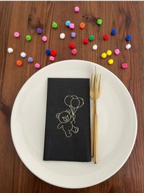 Resim Gold Yaldızlı Siyah Sevimli Ayı Baskılı Garson Katlama Peçete 16 Adet 