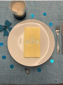 Resim Gümüş Yaldızlı Sarı Sünnetime Hoşgeldiniz Baskılı Garson Katlama Peçete 16 Adet 