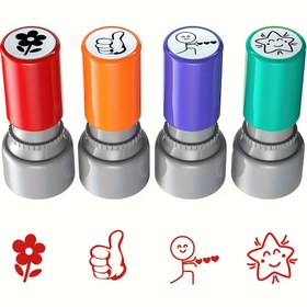 Resim 4 adet Damga Seti - Öğretmen Teşviki, Değerlendirmesi ve Ödülü için Kırmızı Mürekkepli Otomatik Geri Bildirim Damgaları 