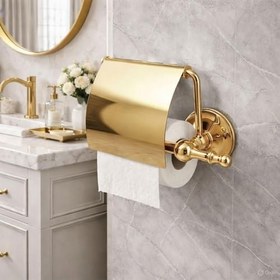 Resim Lüx Kapaklı Gold Tuvalet Kağıtlığı Duvara Monte Metal Banyo WC Kağıtlık Şık ve Dayanıklı Tasarım 