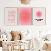 Resim 3'lü Pozitif Aura Tuval Sanat Baskıları - İlham Verici Alıntılarla Pembe Ruhsal Onay Posterleri, Oturma Odası & Yatak Odası için Trend Duvar Dekoru, Çerçevesiz Polyester Lif, Poster Duvar Sanatı, Oda Dekoru için Mükemmel 