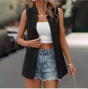 Resim Siyah Kadın Blazer Ceket Ekstra Yumuşak Tüm Maç Düz Renk Yıkanabilir Kolsuz Blazer Yelek Rahat Hırka Bayan İçin Siyah 