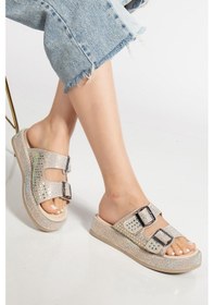 Resim Kadın Dolgu Topuklu Terlik Bej Çift Bantlı Taşlı Tokalı-4076 Bej 