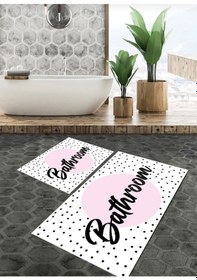 Resim Bathroom Yazılı Banyo Paspası, Dekoratif Paspas, Yıkanabilir, Beyaz 