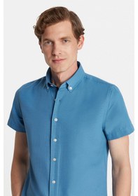 Resim Tudors Erkek Slim Fit Dar Kesim Kısa Kollu Spor Yaka Oxford Doku Pamuklu İndigo Gömlek-34364 İndigo 