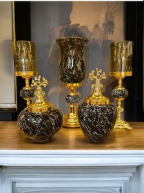 Resim 5'li Takım Küplü Gold Detaylı Şamdan Renkli 