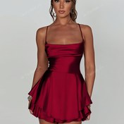 Resim Ruched Bel ve Sırtı Açık Tasarımıyla Şık Kırmızı Saten Mini Elbise - Fermuar Detayıyla Seksi Sırtı Açık Mini Elbise, Partiler, Barlar ve Ev Giyimi İçin Mükemmel, Mini Elbise 
