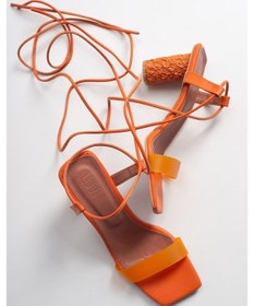 Resim Luvi Shoes Tanya Turuncu Cilt Şeffaf Bantlı Bağcıklı Kadın Topuklu Sandalet Turuncu 