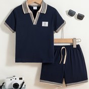 Resim Erkek Çocuklar İçin Yazlık Casual Örgü Kumaş Yaka Kısa Kollu Tişört ve Şort Takımı, İki Parçalı Outdoor Set 