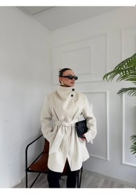 Resim Keymoda Kadın Bej Kuşaklı Kısa Kaşe Kaban Taş Rengi 