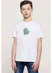 Resim Yeşil Pokemon Karakter Pokémon Baskılı Unisex Çocuk Beyaz T-Shir 