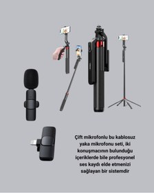 Resim ZERO LAND TECHMRT Vlog ve Canlı Yayın İçin Çift Yaka Mikrofonu ve Tripodlu Sie (163805) Çubuğu Seti 