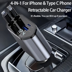 Resim 66W Hızlı Araba Telefon Şarj Cihazı, 4'ü 1 Arada Geri Çekilebilir Kablo ve USB Araba Mobil Pil Şarj Adaptörü, 79.25cm Uzatılabilir Çift Kablolu Araç Aksesuarları için Telefonlar, Maksimum Çalışma Voltajı 36V, 180° Ayarlanabilir Yön, iPhone 15 /15 Pro Max/14 Pro Max/13/12/11 ve Galaxy S23/22 Samsung, Xiaomi Serisi ile Uyumlu - Evrensel Uyumluluk, Pilsiz 