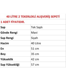 Resim Marketix Tekerlekli Plastik Market Alışveriş El Sepeti 40 Litre Mavi 1 Adet 