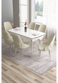 Resim Canisa Tia Serisi 80x132 Açılabilir Mdf Mutfak Masası Takımı Beyaz Masa Krom Detay 6 Krem Sandalye Masa Beyaz Sandalye Krem 