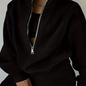 Resim Kadın İki Parça Kapüşonlu ve Eşofman Takımı - Canlı Mavi Polar Casual Sokak Giyimi, Yüksek Yaka Fermuarlı, Bağcıklı, Düşük Omuzlu Kollu ve Elastik Bel Pantolon, Bahar/Sonbahar için Rahat Giyim | Canlı Casual Giyim | Fermuarlı Kapüşonlu 