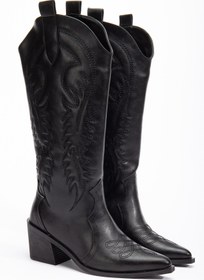 Resim DENORA Siyah Cilt Mat Deri Nakışlı Kabartmalı Western Kovboy Bot Çizme 