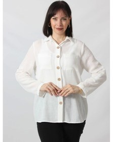 Resim Moda Berray Bb-077 Beyaz Pamuk Keten Kolu Apoletli İki Cepli Kadın Büyük Beden Gömlek Beyaz 