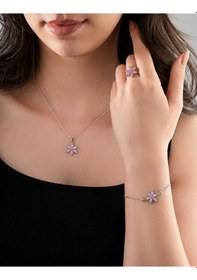 Resim 925 Ayar Pembe Taşlı Rodyum Lotus Çiçeği 3'lü Gümüş Set Gümüş 