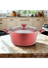 Resim 28 Cm Granit Derin Tencere Cam Kapak - Kırmızı Kırmızı 