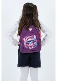 Resim Mor Stitch Figürlü Kız Çocuk Anaokulu Sırt Çantası Çiçek Desenli, Ergonomik Kreş Çantası Mor 