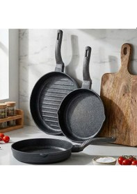 Resim Oms 3738 Biogranit Döküm Grill Ergonomik Saplı 3 Parça Tava Seti Gri 20-24-28cm Gri 