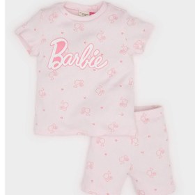 Resim DeFacto Kız Bebek Barbie Pijama Takımı Kısa Kollu Fitilli Kaşkorse Üst Beli Lastikli Şort E1545A525SMPN144 Pembe 
