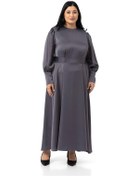 Resim Büyük Beden Büzgülü Kollu Kuşak Detaylı Uzun Saten Antrasit Elbise Antrasit 