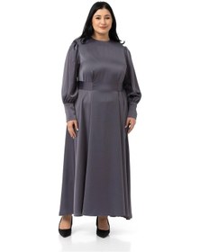 Resim Büyük Beden Büzgülü Kollu Kuşak Detaylı Uzun Saten Antrasit Elbise Antrasit 
