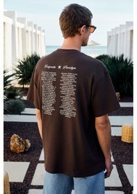 Resim Grimelange BENZO Erkek Ön Arka Baskı Detaylı %100 Organik Pamuk Oversize Kısa Kollu Koyu Kahverengi T-Shirt 