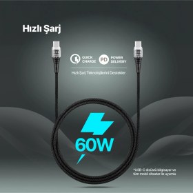 Resim Ekstra Dayanıklı Transparan Usb-c Usb-c 60w Pd/qc 120cm Hızlı Şarj/data Kablosu Siyah 2dk58s 